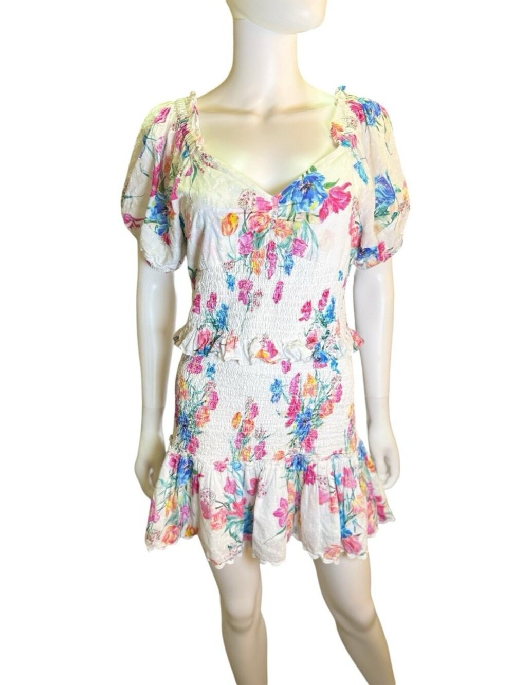 Love Shack Fancy Womens Jarrah Puff Sleeve Mini Dress Floral Summer Size L NWOT